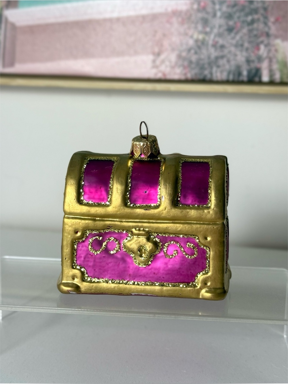 Glass Treasure Chest Ornament Pink Magenta Gold Glitter 3in New Unbranded